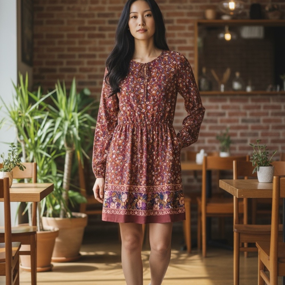 Mudd BurgundyFloral Long Sleeve Peasant Dress size small NWOT